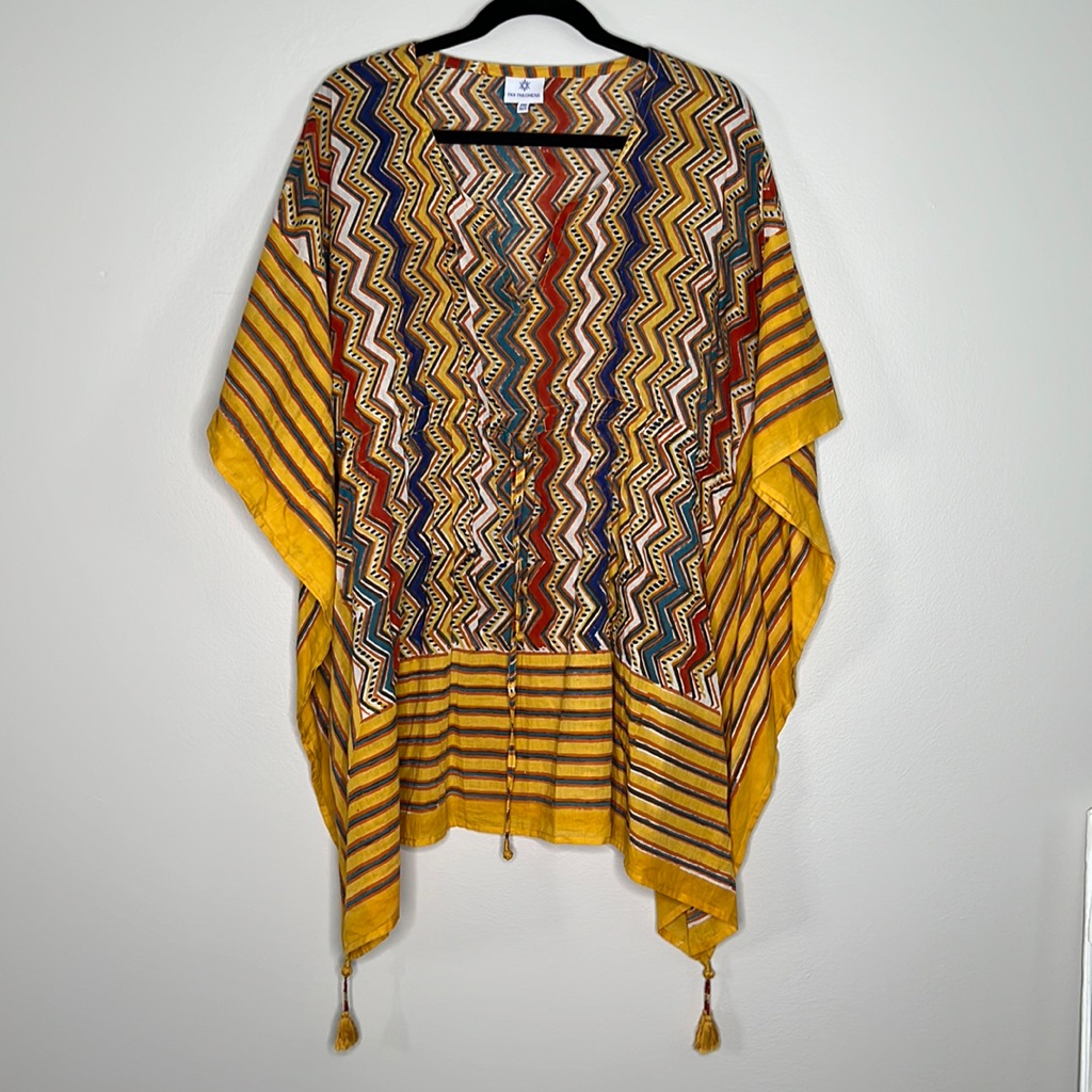 Pax Philomena Nizhoni Yellow Multi Color Zig Zag Print Kaftan Dress With Tassels — image 2 of 8